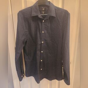 H&M Men's Navy Blue Polka Dot Patterned Shirt Size L Slim Fit